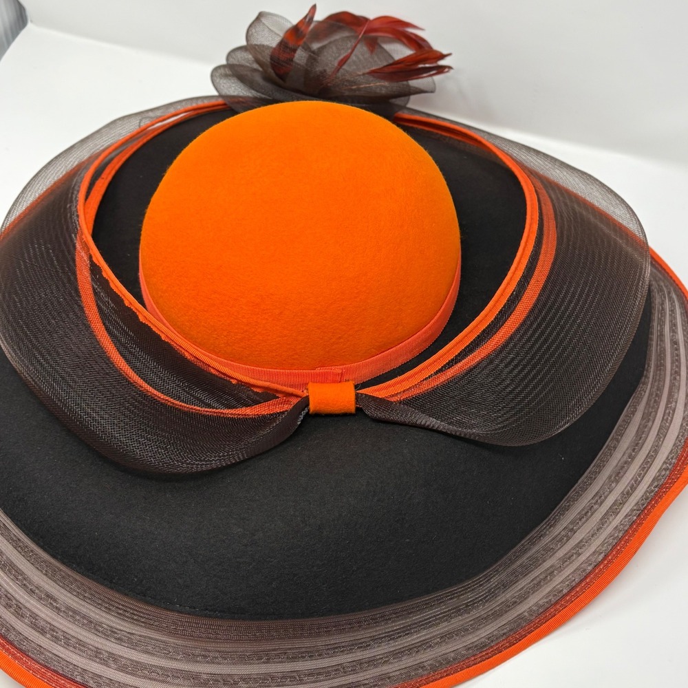 Vintage Bellini New York 100% Wool Felt Derby Church Hat Orange Black Wide Brim - Picture 13 of 13
